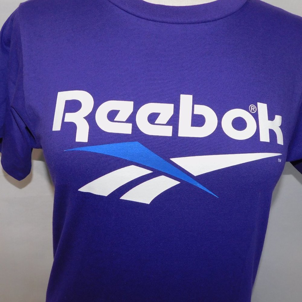 Vintage 90s Reebok Big Identity Logo Purple White T Shirt  Womens M UNUSED